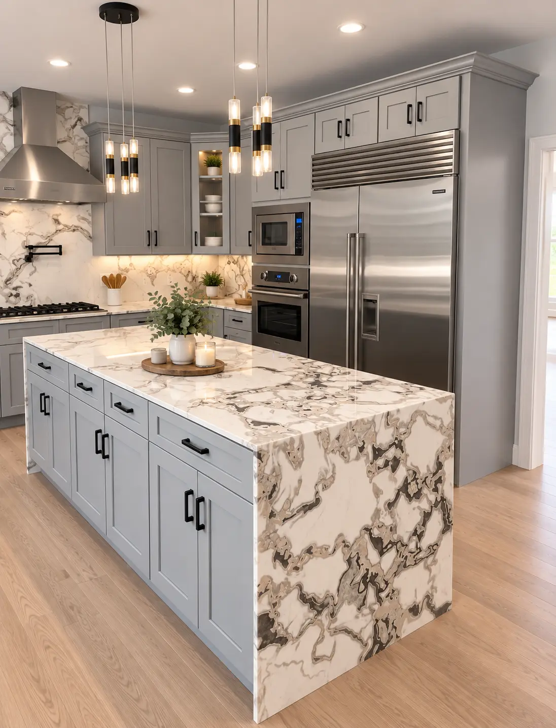 Marble Waterfall Island, a Brasser Kitchens Cabinets project